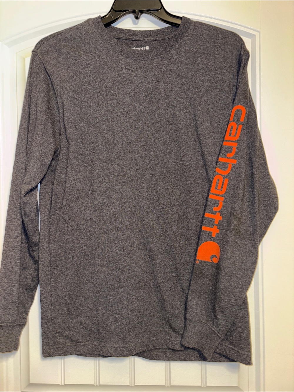 Carhartt Men's Long-Sleeve Tee — Gray with Orange Sleeve Logo